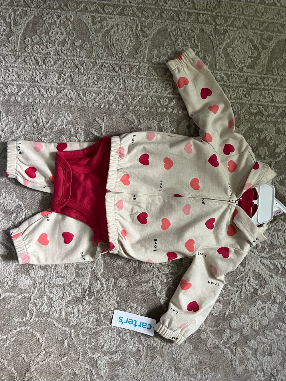 Carter's Cream Hoodie One-Piece with Red and Pink Heart Print